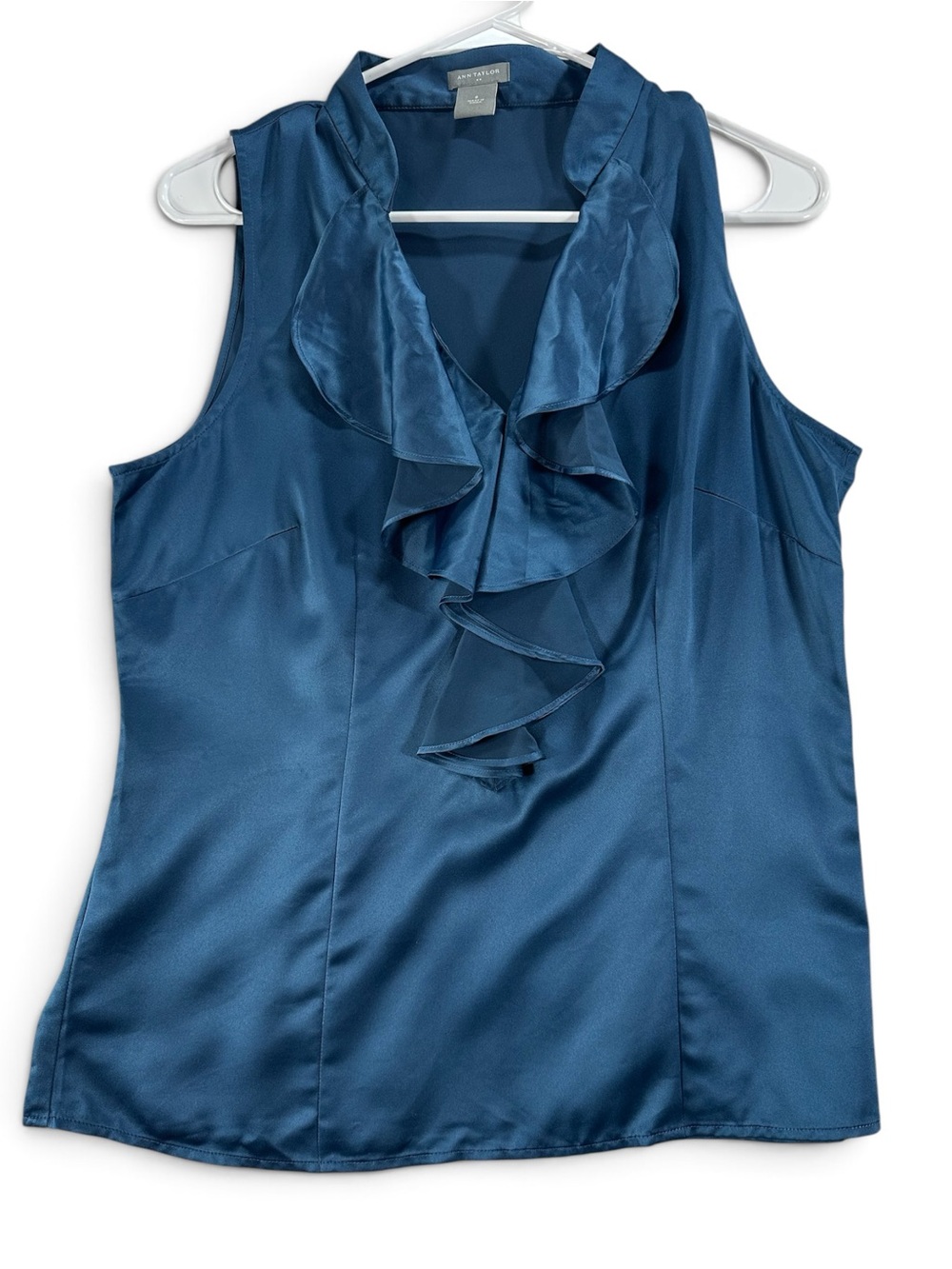 Ann Taylor Teal Ruffle Satin Sleeveless Blouse